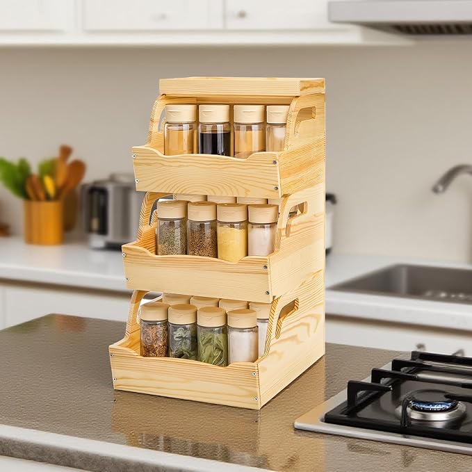 Wood Potato Onion Storage Bin, Stackable Pantry Organizer, Open Front Kitchen Produce Storage with Anti-slip Mat, 3 Tier Countertop Snack Food Container for Fruit Vegetable Bread, Set of 3