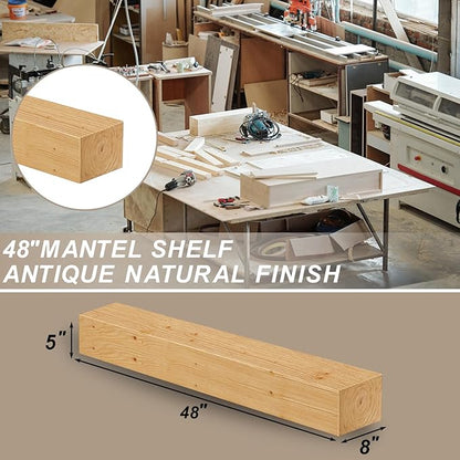 ROOMTEC Fireplace Mantel,48" Wood Floating Fireplace Shelves,Wall Mounted Wooden Display Shelving,Handcrafted Wood Brack,Natural Mantels Over Fireplace | 48" x 8" x 5"-Natural Wood