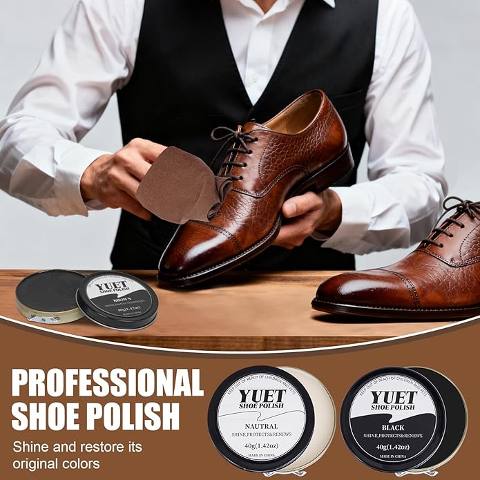 YUET 11PCS Professional Shoe Care Kit, Leather Shoe Shine Polish Brush Set for Boots, Dress Shoes - All-in-One Waterproofing & Cleaning w/Travel Case
