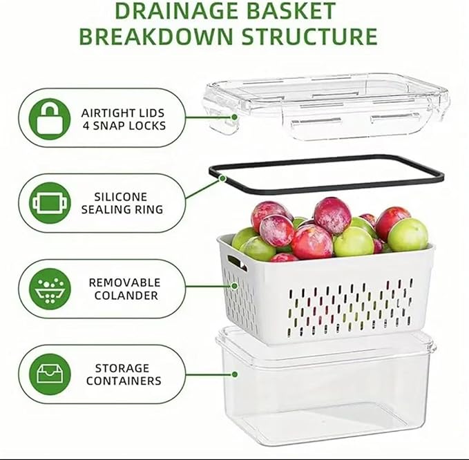 Organizeh Household Transparent Plastic Food Storage Box-Including Drain Basket, Portable Breathable Multifunctional Basin, Fruit Storage Containers for Fridge with Removable Colander (Grey)