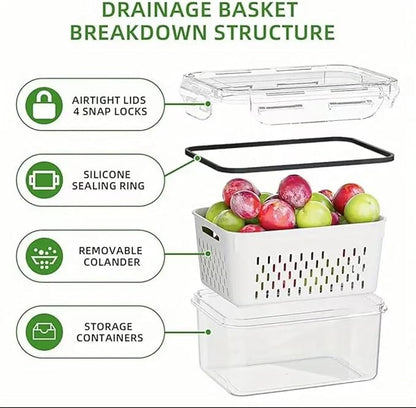 Organizeh Household Transparent Plastic Food Storage Box-Including Drain Basket, Portable Breathable Multifunctional Basin, Fruit Storage Containers for Fridge with Removable Colander (Grey)