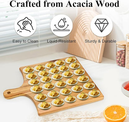 Acacia Wood Deviled Egg Platter Large 30 Holes Egg Holder for Kitchen Counter Wooden Serving Tray Easter Gift Hosting Devilled Eggs Container Charcuterie Board Carrier Cheese Plate Devil Egg Dish