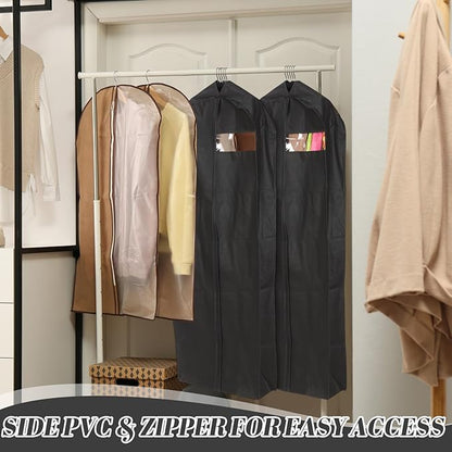 2 Pcs 10" Gusseted Garment Bags for Hanging Clothes Dress Bags for Gowns Long Closet Waterproof Garment Covers Wedding Dress Cover Traveling Clothes Protector(Black,65 Inch)