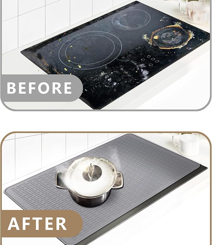 Golener Silicone Stove Top Cover - 36.5" x 20.5" Stove Top Protector for Electric Stove, Food Grade, Foldable, Easy Clean, Heat-resistant Silicone Mat for Glass Stove Top, Large Dish Drying Mat, Grey