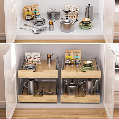 Pull Out Cabinet Organizer,Heavy-Duty Slide Out Shelf, Wood and Wire Basket, Pull Out Drawer for for Kitchen Under Sink Space, Pantry, Bathroom, 2 Tie 14 * 21 in