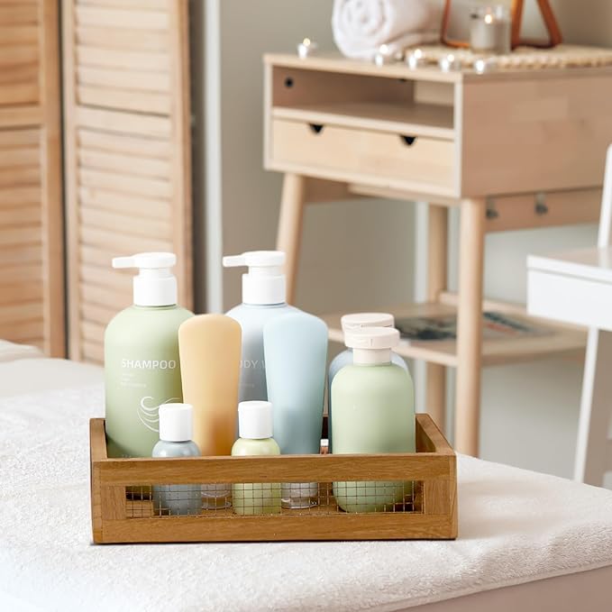 4 Pcs Wooden Nesting Countertop Baskets 4 Size Wooden Storage Box with Handle and Metal Wire Multipurpose Wood Organizer Crate for Fruit Vegetable Kitchen Cabinet Bathroom(Dark Brown,Small)
