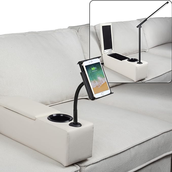 Sofa Armrest with Cup Holder, PU Leather Multifunctional Couch Arm Rest Insert, Removable Couch Caddy with Storage, Equipped with LED Reading Light & Wireless Charge Stand