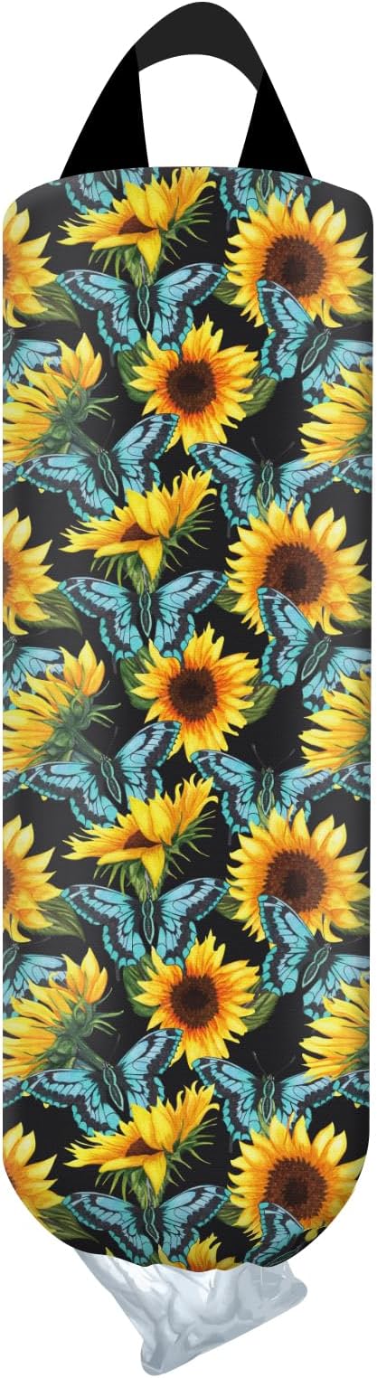 Plastic Bag Holder, Wall Mount Grocery Bag Organizer, Funny Hanging Trash Storage Dispenser for Home Kitchen Cute Sunflower Butterfly