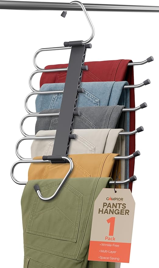 Campior Space Saving Pants Hangers 1 Pack, 6 Layer Jeans Hangers and Closet Organizer for Jeans, Scarves, & Skirts, Multi-Layer Hanger with Anti-Slip Stopper, Heavy-Duty S-Type Stainless Steel, Gray