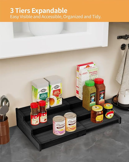 Spice Rack, 3-Tier Expandable Bamboo Spice Rack Organizer for Cabinet - Kitchen, Pantry and Cupboard Storage Organizer-Black