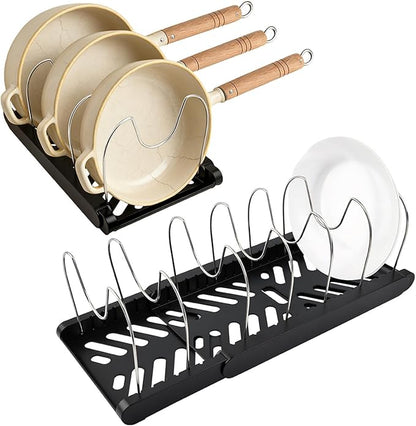 DiQiRenQin Pot and Pan Organizer, Expandable Pan Organizer for Cabinet, Pot Lid Holder with 10 Adjustable Compartments for Kitchen Cabinet Cookware Baking Frying Rack(Black)