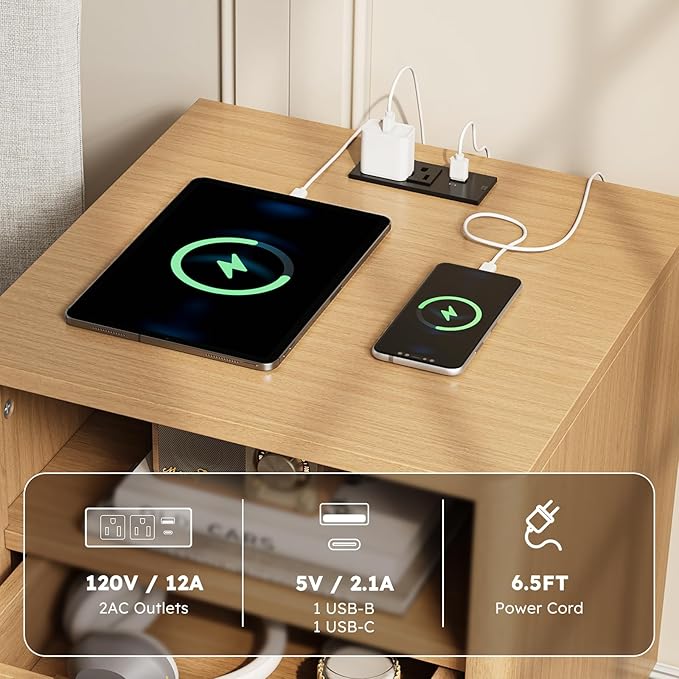 HOTAMO Nightstand Set of 2 with Charging Station,Night Stand with 2 Wave-Patterned Panel Drawer and Open Shelf,Modern Bedside Table for Bedroom,Living Room,Oak End Table