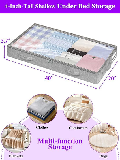 Under Bed Storage, Below 4 Inches High Underbed Storage Containers Low Profile, NO STRUCTURE, Foldable Shallow Storage Bags Bins Organizer Clothes with Clear Lid & Zipper, 2-Pack, 20x40x3.7in