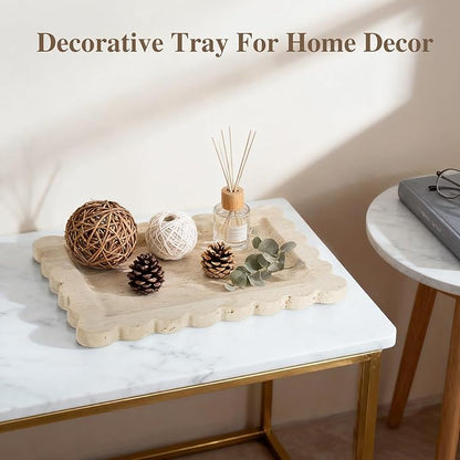Luxury Beige Travertine Tray with Scalloped Edge, 11"x8" Rectangle Vanity Tray for Bathroom & Kitchen Counter, Decorative Organizer Tray for Dresser, Coffee Table, Home Décor