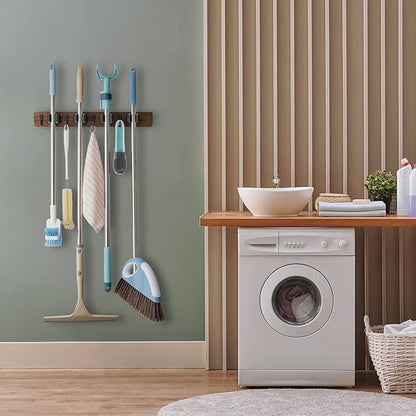 Mop and Broom Holder Wall Mount - Rustic Wood Broom Mop Hanger - Wall Mounted Garden Tool Rack Organizer for Closet Garage Laundry Room Kitchen Decor With 4 Slots & 4 Hooks