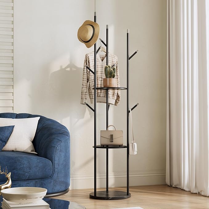 metal Coat Rack whit Marble base,heavy duty coat hanger Stand, Freestanding Coat Racks with 3 Shelves and 9 Hooks,Coat Tree for Entryway, Bedroom, Coats, Bags,purse