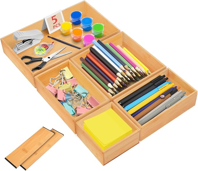 5PCS Bamboo Drawer Organizer with Adjustable Wood 2 Drawer Dividers, Stackable Makeup Desk Junk Storage Boxes Container Trays with 7 Grid for Kitchen Utensils,Bathroom, Office