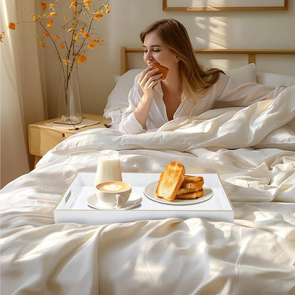 MAONAME White Decorative Tray for Coffee Table, Modern Serving Tray with Handles, Plastic Rectangular Tea Trays for Ottoman, Bathroom Decor, 15.8” X 10.2” x 1.4"