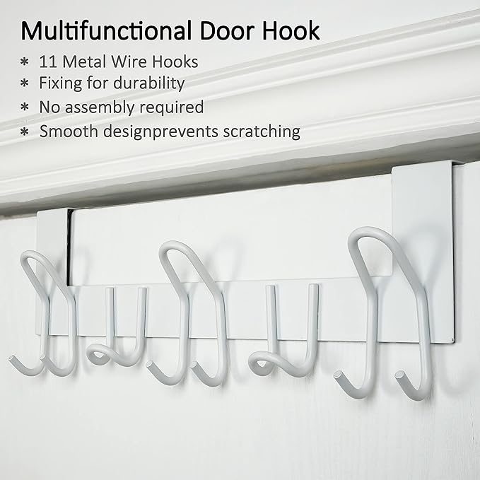 SKOLOO Over The Door Hooks - for Doors up to 1-3/4'' Thickness, Metal Door Hanger with 11 Hooks, Over The Door Hanger for Coats, Hats,Towels, White