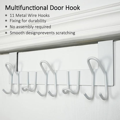 SKOLOO Over The Door Hooks - for Doors up to 1-3/4'' Thickness, Metal Door Hanger with 11 Hooks, Over The Door Hanger for Coats, Hats,Towels, White