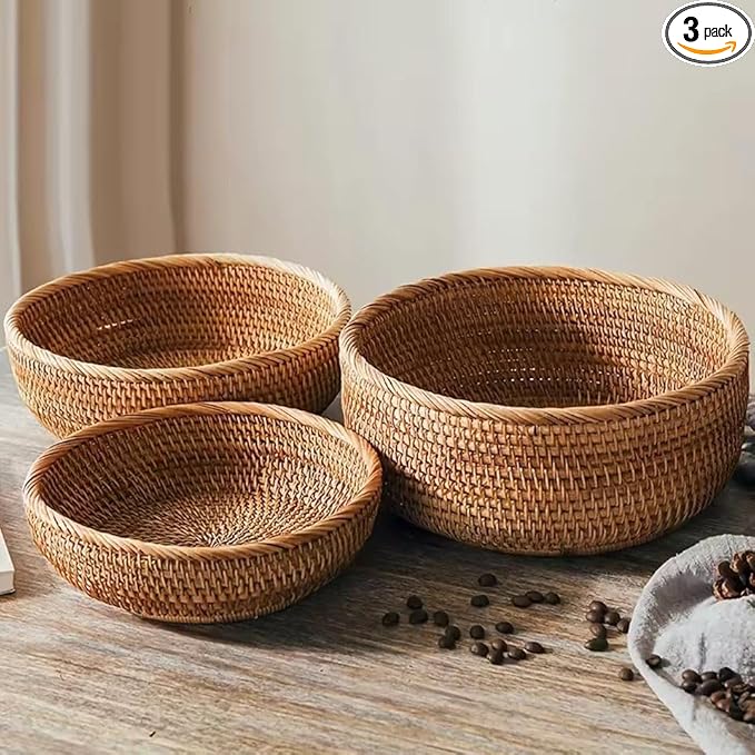 Natural Hand-Woven Rotundish Fruit Basket Wicker Food Tray Woven Storage Rack Vegetable Basket Picnic Tray Organizer (3, S+M+L)