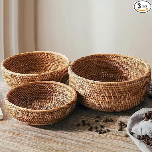 Natural Hand-Woven Rotundish Fruit Basket Wicker Food Tray Woven Storage Rack Vegetable Basket Picnic Tray Organizer (3, S+M+L)