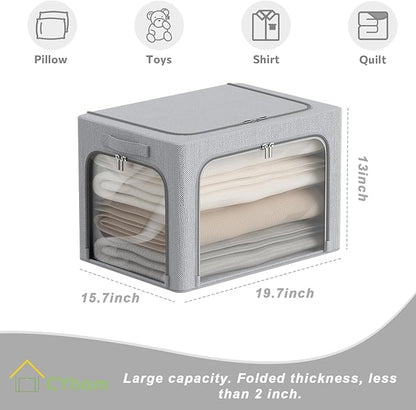 CYhom 3Pack Classic Stackable Foldable Storage Bin - Metal Frame Storage Box with Clear Window, Carry Handles (66L-19.7x15.7x13in, Light Grey)