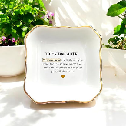 HatafaFurni Ring Dish Holder for Daughter from Mom, To My Daughter Ceramic Jewelry Trinket Dish, Daughter Gifts from Mom for Graduation Christmas Wedding - You Are Loved For the Little Girl You Were