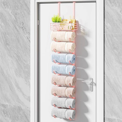 HapiRm Towel Racks for Bathroom Storage - 9 Tier Over The Door & Wall Mount Rolled Towel Storage Organizer Holder with Metal Shelf Basket for Small Bathroom, Camper, Rv - Pink, Patented