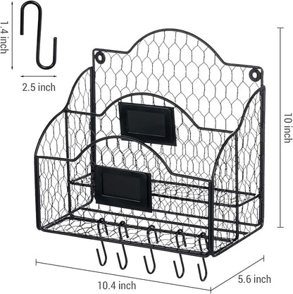 MyGift 2 Compartment Mail Inbox/Outbox Sorter, Wall Mounted Modern Black Metal Wire Entryway Organizer Basket for Mails, Bills and Office Supplies with Chalkboard Labels and 5 Hanging Key Hooks