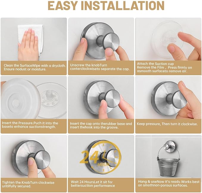 Zloeoa 4Pcs Suction Cup Hooks, Wreath Hangers for Front Door, Strong Hold No Drill Hangers for Bathroom, Kitchen, Glass, Tile, Perfect for Wreaths (Silver)