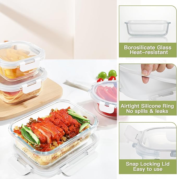 BAYZZ 30 Piece Glass Food Storage Containers Set, Glass Meal Prep Containers with Lids, Airtight Lunch Box, BPA-Free, Microwave, Freezer & Dishwasher Safe,White