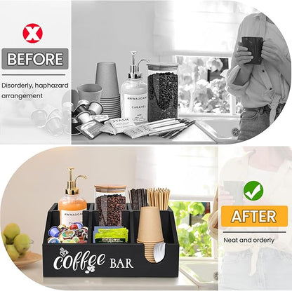 Rustic Coffee Bar Organizer - Wooden Coffee Pod Holder & Cup Storage Basket for Counter - K-Cup Sugar & Tea Condiment Organizer