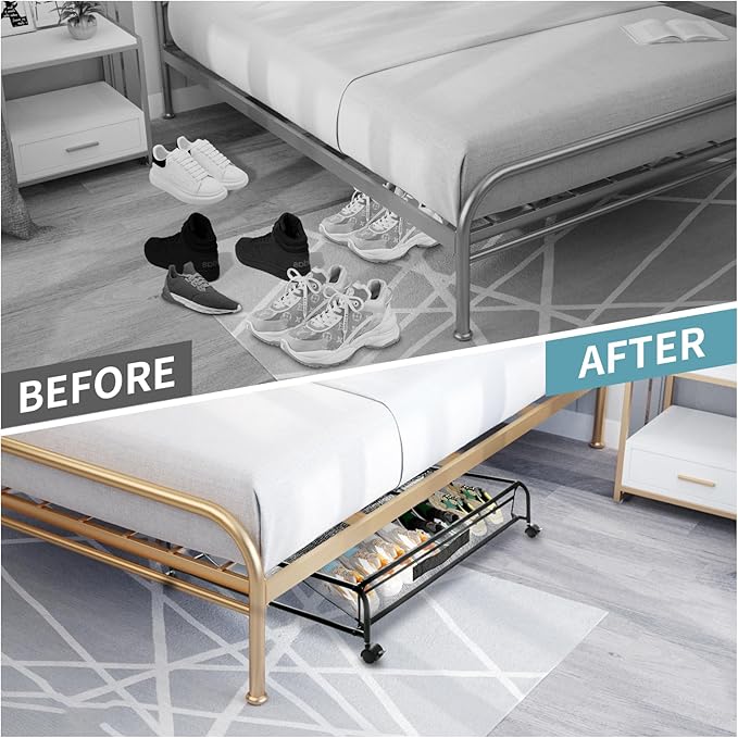 XSCQ Under Bed Shoe Storage with Wheels, Space Saving Shoe Organizer with Sturdy Metal Frame & Breathable Mesh, Suitable Under the Bed, Sofa and Desk, 2 Packs