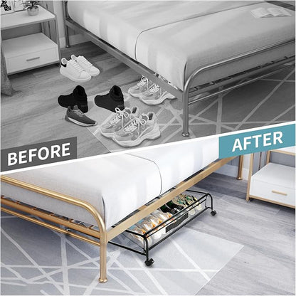 XSCQ Under Bed Shoe Storage with Wheels, Space Saving Shoe Organizer with Sturdy Metal Frame & Breathable Mesh, Suitable Under the Bed, Sofa and Desk, 2 Packs