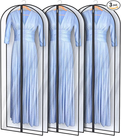 Univivi Dress Bags for Gowns, 65″ Clear Garment Bags for Hanging Clothes, 4″ Gusseted Long Dress Garment Bag for Closet Storage, 3-Pack