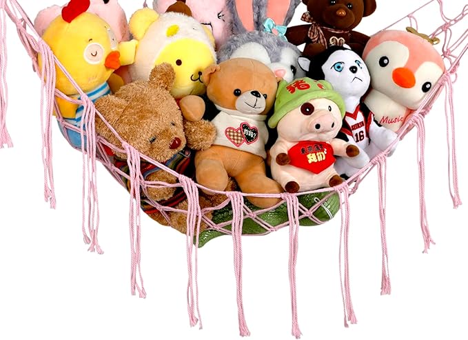 Stuffed Animal Hammock Corner, Hand-knitted Large Plushie Net Toy Hammock with Wooden Rings | Boho Cute Stuff Animal Storage for Nursery & Bedroom | Mesh Kids Toy Organizer Holder Nursery Room Decor