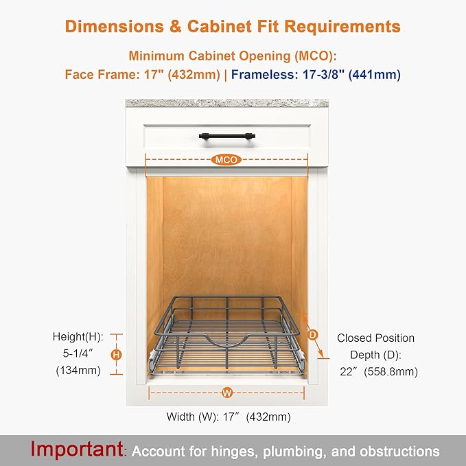 ALINE FURNITURE Pull Out Shelves - 17" W x 22" D Soft Close Pull Out Cabinet Organizer 1 Tier - Slide Out Drawers with Shelf Liner, Heavy Duty Steel Wire Baskets for Kitchen Cabinets, Pantry, Bathroom