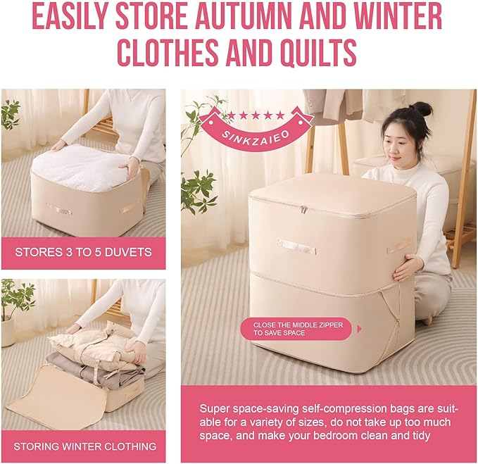 SINKZAICO Ultra Space Saving Self Compression Organizer,Packing Cubes,Waterproof And Moisture-Proof,High Capacity,For Blankets Clothes Duvet Comforter（Pink 21.2 * 16.2 * 23.6 In）