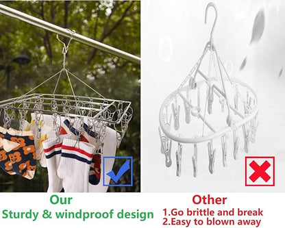 Clothes Sock Drying Rack with 36 Clips, Stainless Steel Underwear Dryer Swivel Laundry Hanger with Windproof Hook for Hanging Towels Bras Gloves Baby Clothes Indoor Outdoor
