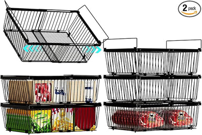 ANJUBAN Large Freezer Organizer Bins，Upgraded Bottom Leak-Proof net，2 Pack， Expandable Stackable Chest Freezer Containers with Handle，for Fridge, Deep Freezer, Cabinet, Kitchen, Pantry (Black-6Pack)