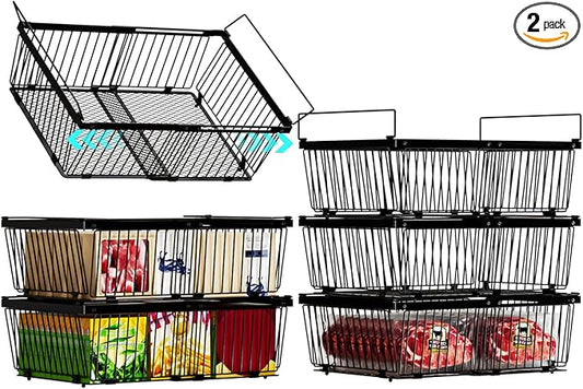 ANJUBAN Large Freezer Organizer Bins，Upgraded Bottom Leak-Proof net，2 Pack， Expandable Stackable Chest Freezer Containers with Handle，for Fridge, Deep Freezer, Cabinet, Kitchen, Pantry (Black-6Pack)