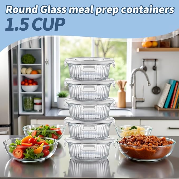 H.JSS WDJS 12oz Round Glass Meal Prep Containers with Airtight Lids, 1.5-Cup Round Glass Food Storage Containers Set, Heat-Resistant BPA-Free for Soup, Leftover, Microwave, Dishwasher, Freezer Safe
