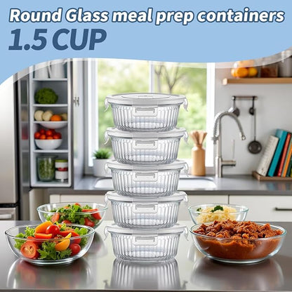 H.JSS WDJS 12oz Round Glass Meal Prep Containers with Airtight Lids, 1.5-Cup Round Glass Food Storage Containers Set, Heat-Resistant BPA-Free for Soup, Leftover, Microwave, Dishwasher, Freezer Safe
