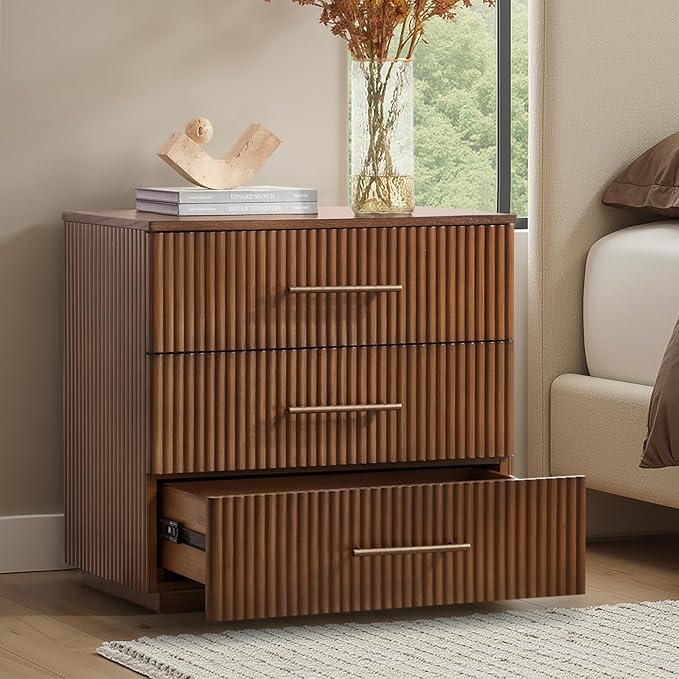 HULALA HOME 26" Fluted Nightstand with 3 Drawers, Modern Solid Wood Night Stand with Charging Station, Bed Side Table with Large Storage, End Table Tall Nightstand, Easy Assembly, Walnut