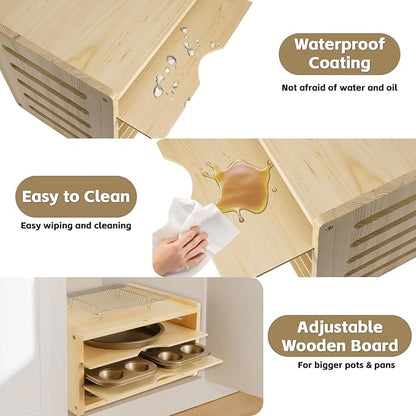 4 Tier Wooden Cabinet Tray Dividers for Baking Trays, Pans & Cutting Boards - 16.61" Wx12.4 Dx8.94 H Vertical Cookie Sheet Organizer, Spoon Rest, Utensil Holder, Kitchen for Pots Pans Storage