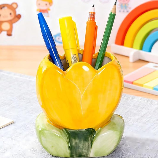 Pen Holder for Desk Tulips Vase Decor Aesthetic Cute Toothbrush Holder Pencil Holder for Office Makeup Brush Holder Yellow Kawaii Desk Accessories Home Decor Birthday Gifts for Women