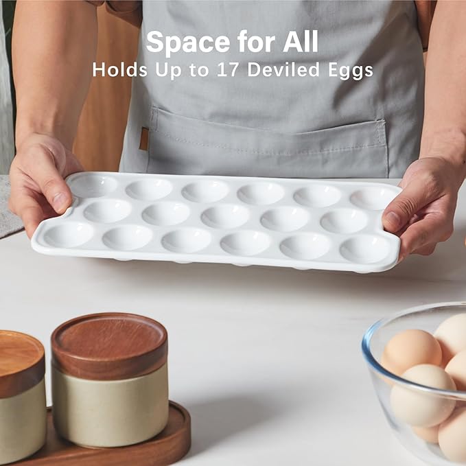 ONEMORE Ceramic Deviled Egg Platter, Christmas Deviled Egg Tray 17-Hole Rectangular Fridge Eggs Holder Appetizer Serving Tray for Entertaining, Easter, Parties, Gatherings & Holidays - Dishwasher Safe