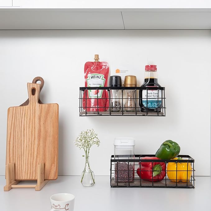 ROSE BLOOM Small Metal Wire Storage Basket, Decorative Wood Base Organizer Bins for Bathroom, Kitchen, Laundry Room, Pantry, Basket for Toilet Paper, Fruits, Spices (1 Pack)
