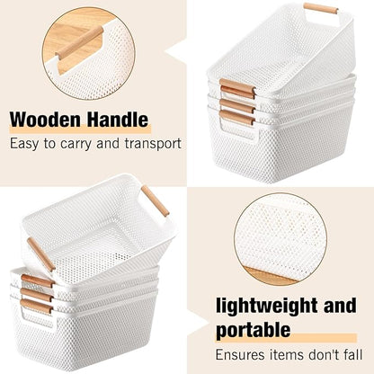 Tioncy 4 Pcs White Mesh Baskets with Wooden Handles Plastic Storage Organizer Baskets Pantry Basket Fruit Vegetables Gathering Basket Bin for Organizing Cabinet Closet Bedroom Kitchen(Medium)